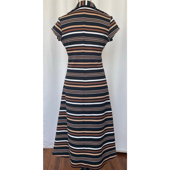 Vintage 60'-70's Brown Striped A-line Midi Twee Dress Size S / M V-Neck - Picture 2 of 10